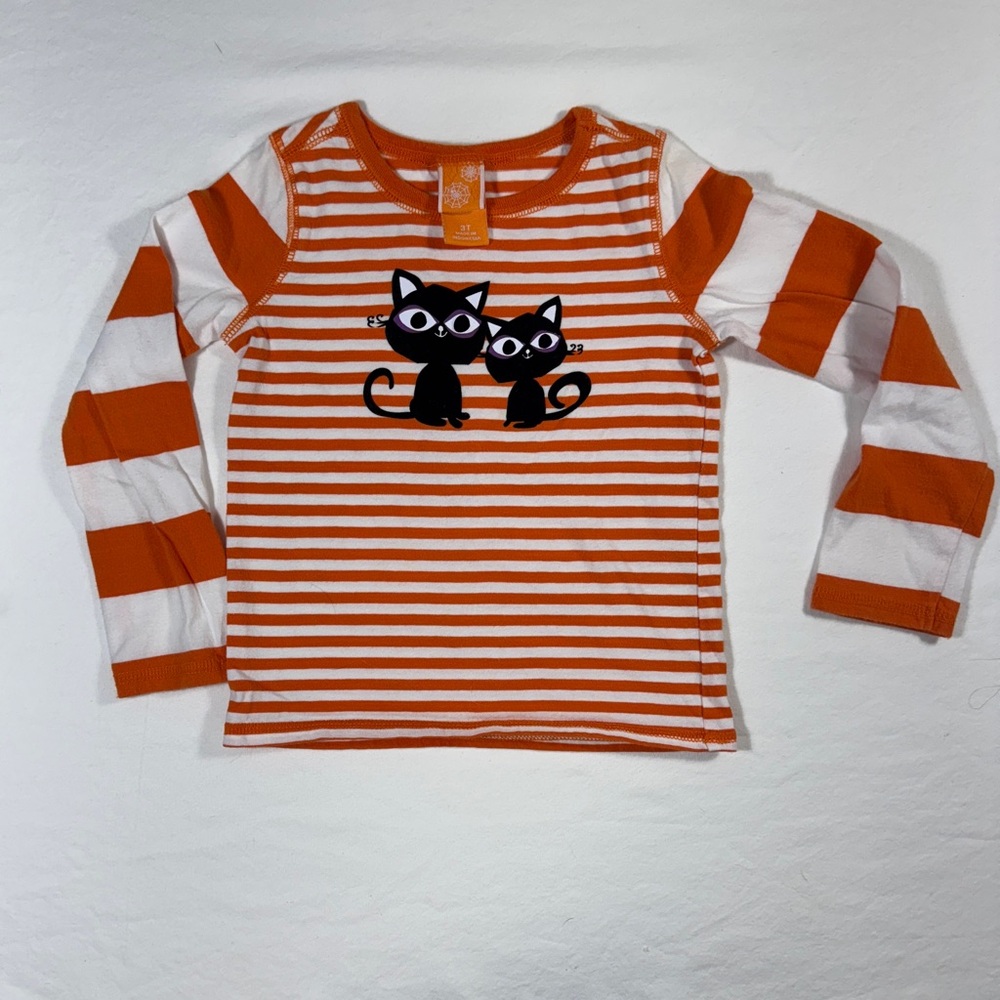 Kids 3t Halloween Orange and White Striped Kids Shirt with‎ Cat